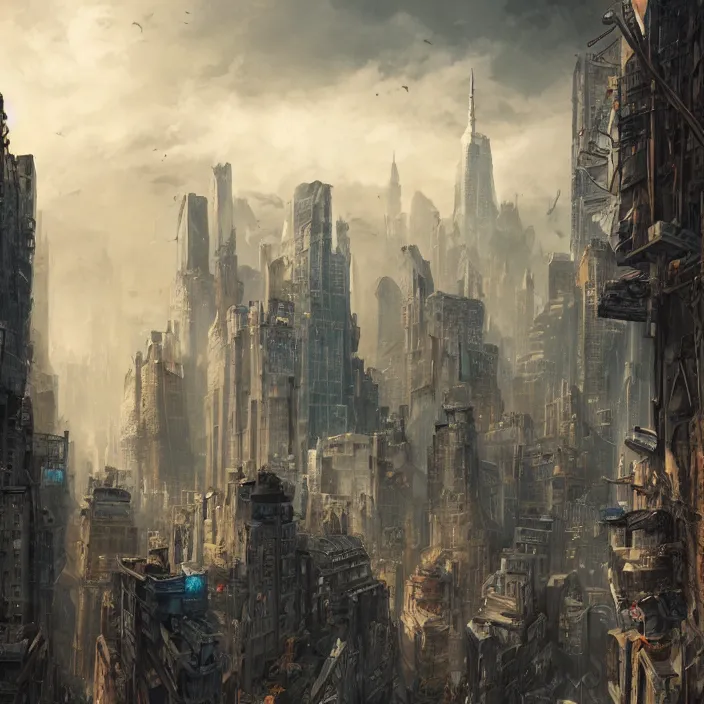 Prompt: an epic fantasy comic book style landscape painting of post - apocalyptic new york city, dark clouds hyper detailed ultra sharp sharp focus, studio ghibli, unreal 5, hyperrealistic, octane render, dramatic lighting, intricate detail, cinematic, dark atmosphere