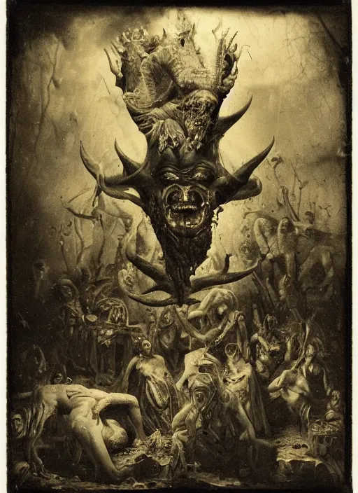 Image similar to old wetplate daguerreotype demons, devil, pain, anger, desolation, angel, divine, multiple faces, explosion of data fragments, fractal, intricate, elegant, highly detailed, parallax, leica, medium format, subsurface scattering, by jheronimus bosch and greg rutkowski and louis jacques mande daguerre