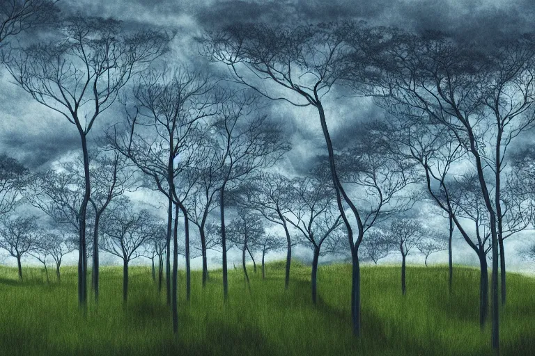 Prompt: reaction diffusion landscape with trees and clouds