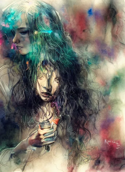 Image similar to portrait, beautiful Stoner hippy girl, sitting down, smoking a magical bong, watercolor, dramatic lighting, cinematic, establishing shot, extremely high detail, foto realistic, cinematic lighting, pen and ink, intricate line drawings, by Yoshitaka Amano, Ruan Jia, Kentaro Miura, Artgerm, post processed, concept art, artstation, matte painting, style by eddie mendoza, raphael lacoste, alex ross