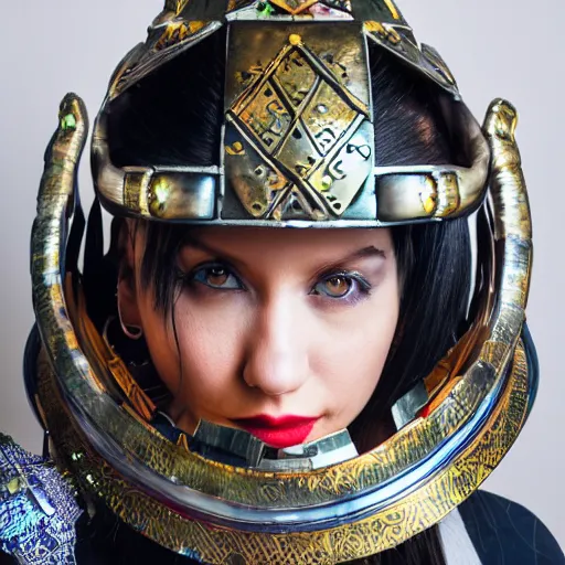 Prompt: centered fine studio photograph of a young woman wearing a futuristic cyberpunk Mayan helmet made of metal, glass and lights, photorealistic, white background, 8k HDR, tasteful artistic lighting, shallow depth of field, intricate