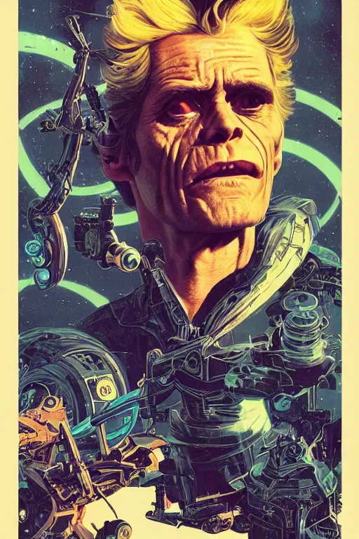 Prompt: Willem Dafoe as Rick Sanchez, science fiction, retro cover, high details, intricate details, by vincent di fate, artgerm julie bell beeple, inking, vintage 60s print, screen print