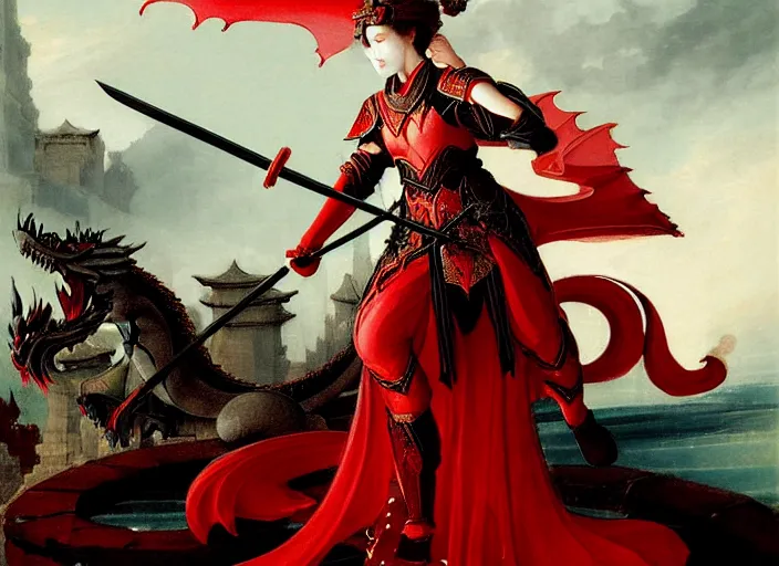 Prompt: woman in dark and red princess dragon armor, she is holding a katana sword, walking on an ancient neoclassical bridge. by henriette ronner - knip, by william henry hunt, concept art