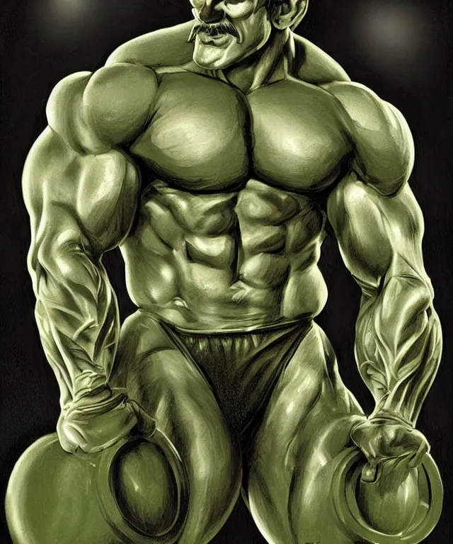 Image similar to muscular luigi wearing a green jumpsuit pumping iron in a dingy gym by ilya kuvshinov, bodybuilder ernest khalimov, super mario bros symmetrical face concept art, hyper realistic, intricate, elegent, highly detailed, digital painting, concept art, smooth, sharp, focus, illustration, art by artgerm and greg rutkowski and alphonse mucha, artstation