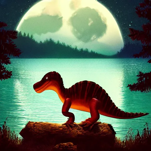 Image similar to cute dino in lake under big full moon, by Slavko Kahovsky, sharp focus, highly detailed, ArtStation