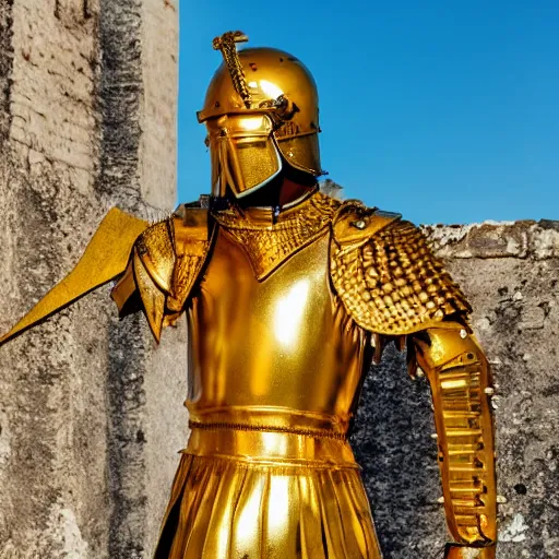Image similar to Headless Roman Soldier in Glistening Gold Armor, Abandoned Roman City, Bright Blue Glowing Sky, Realistic, 4k, High Detail