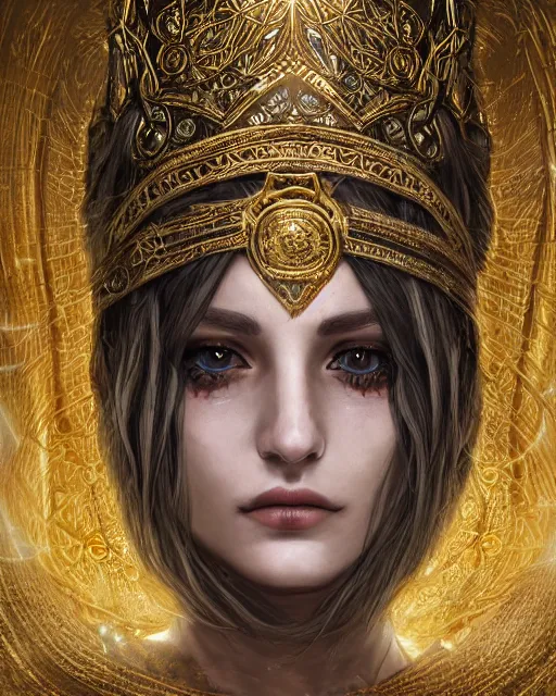 Prompt: highly detailed sharp photorealistic portrait of a beautiful female priestess with shimmering hair, symmetrical face and eyes, dressed in intricate silk, lined with golden glowing georgian words, cgsociety, Elden Ring, Dark Souls, Bloodborne