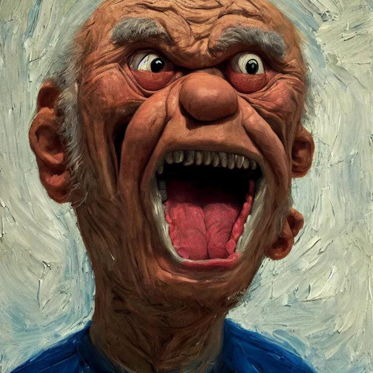 Image similar to warmly lit close up studio portrait of very old angry! Sully from Monster's Inc age 115 angrily singing, impasto oil painting thick brushstrokes by Cy Twombly and Anselm Kiefer , trending on artstation dramatic lighting Expressionism