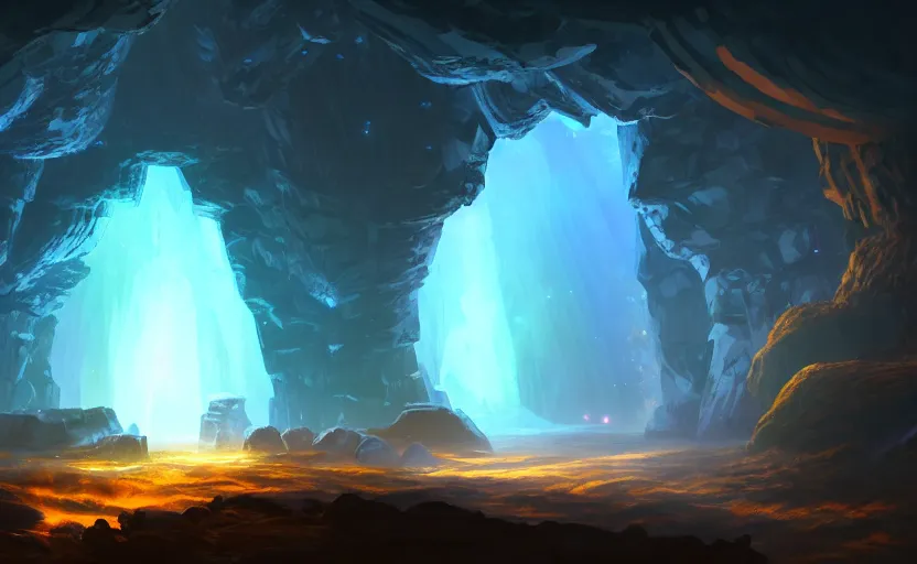 Prompt: a blurry ambient glowing portal in the distance of a giant cave, crystals, dynamic lighting, ambient lighting, atmospherical, photorealistic fantasy concept art, trending on art station, stunning visuals, creative, cinematic, ultra detailed