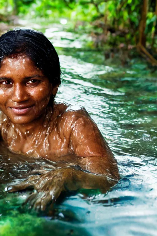 Prompt: a professional portrait photo of a sri lankan native jungle woman, submerged in water, black hair, hunter, extremely high fidelity, natural lighting