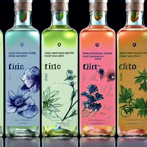 Prompt: botanical gin flavor packaging design, blog colours, summer vide, glass bottle, playful, craft, packaging design, front label and bottle