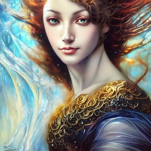 Prompt: a beautiful woman manipulating water by karol bak, ayami kojima, artgerm, river, water, blue eyes, smile, concept art, fantasy