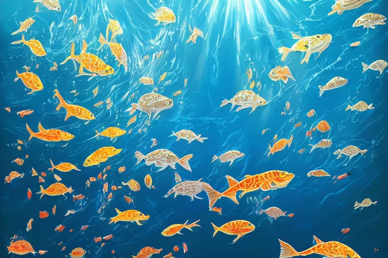 Prompt: portrait of goldfishes swarming the ocean. shadow and light. rays of light. energetic, dynamic, lively, detailed, intricate, complex. fine art by hayao miyazaki, akira toriyama, makoto shinkai, and ohara koson.