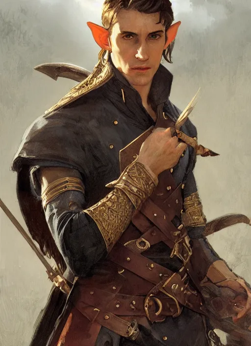 Prompt: medium-length portrait of a male half-elf warrior with an undercut and brown eyes, fair skin, cocky expression, wears a fancy pirate coat with no undershirt, medieval setting, highly detailed, digital painting, artstation, concept art, sharp focus, illustration, art by greg rutkowski and alphonse mucha