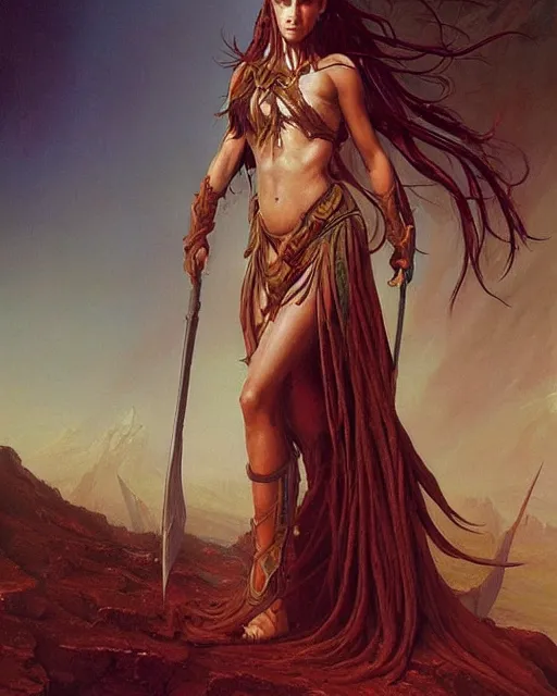 Image similar to beautiful female warrior, long flowing hair, standing in a fantasy environment, realistic oil painting by Thomas Cole and Wayne Barlowe