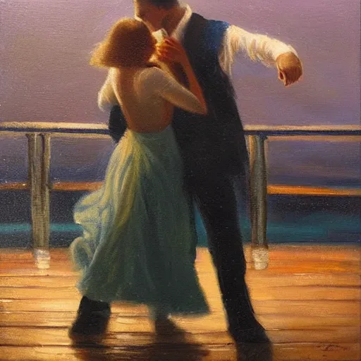 Prompt: A Colombian woman and a Caucasian man dance on a misty pier at midnight, sensual, romantic, oil painting