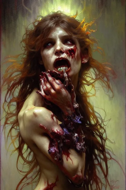 Prompt: zombie, painting by daniel gerhartz, alphonse mucha, bouguereau, detailed art, artstation