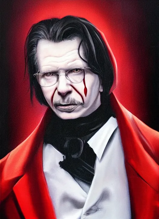 Prompt: a painting of gary oldman as dracula, a digital painting by gottfried helnwein, trending on cgsociety, gothic art, digital painting, deviantart, matte drawing
