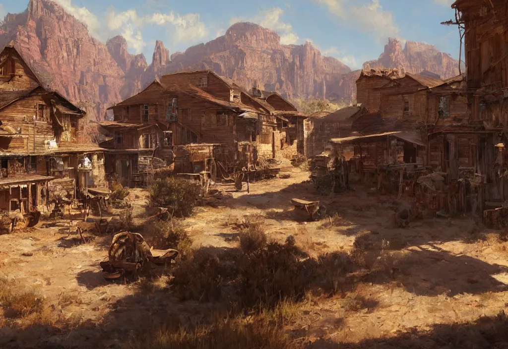 Image similar to a 1 9 th century old west far west small town in a stunning landscape by craig mullins, oil on canvas big brushstrokes, line art, winning - award masterpiece, fantastic, octane render, 8 k hd resolution, high quality image