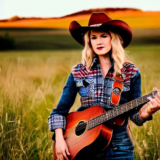 Image similar to a female fox animal, wearing cowboy hat, wearing plaid shirt, playing guitar, in a field, barn in background, album cover style