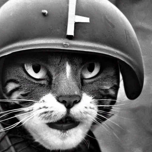 Prompt: Close up of a cat wearing a soldier helmet in the battle, ww2 historical photo, black and white