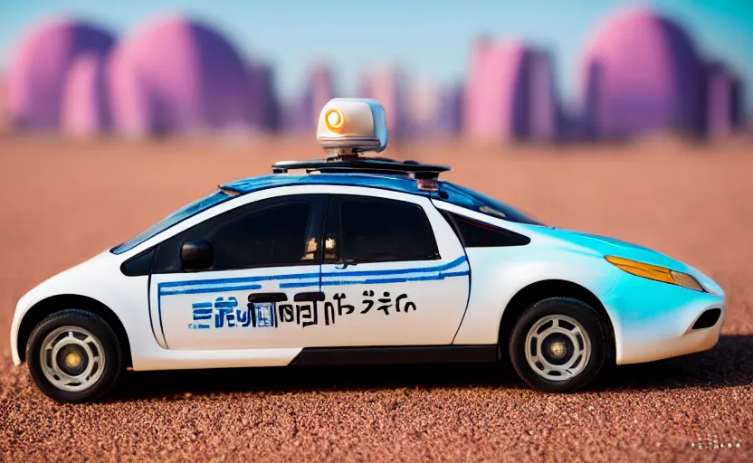 Prompt: photograph of an Itasha surrounded by desert with a futuristic city in the horizon, sigma 85mm f/1.4, 4k, depth of field, high resolution, 4k, 8k, hd, full color