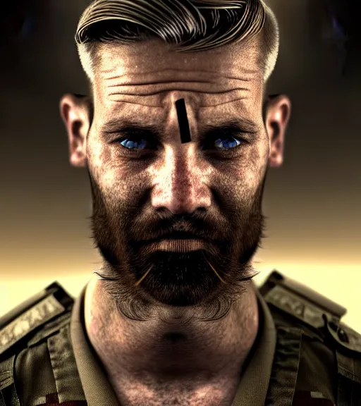 Image similar to portrait of muscular, tired and alcoholic 3 0 - year - old grieving man with short darkblonde hair, serious sad look in his eyes, looking down, dirty beard, blue eyes, crying tears, wearing dirty soldier uniform, on the desert, sad atmosphere, hyper realistic face, character art, art by mark brooks, cryengine, trending on artstation, digital art
