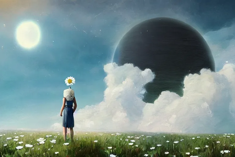 Prompt: giant white daisy flowers blooming on head, girl standing on cliff, surreal photography, solar eclipse, milky way, dramatic light, impressionist painting, clouds, digital painting, artstation, james gilleard, liam wong, jeremy mann, simon stalenhag