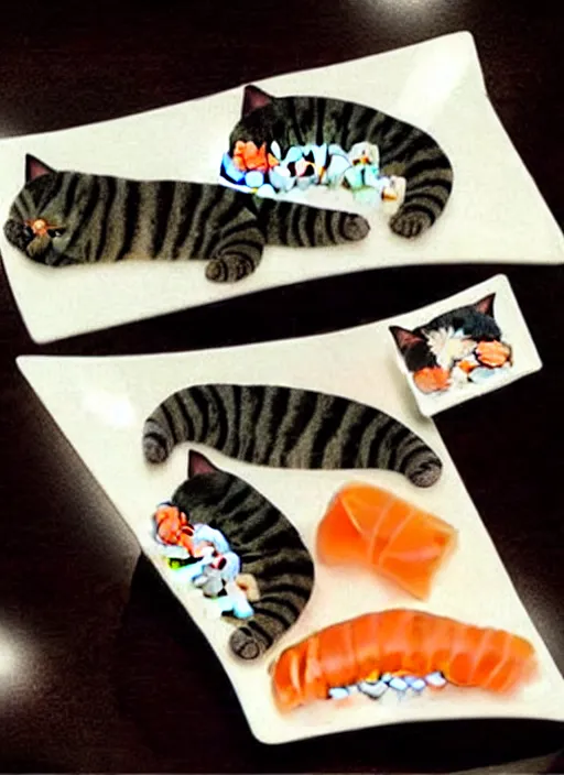 Image similar to clear photorealistic picture of adorable cats made out of sushi