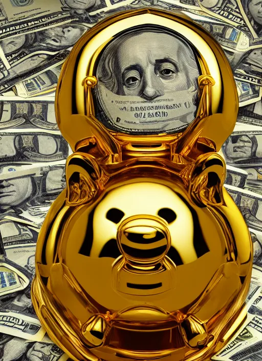 Prompt: photo of a golden toilet with dollars inside it, ultra detailed