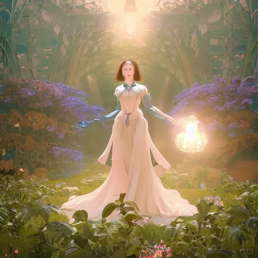 Prompt: female android descending from clouds into enchanted garden, full body portait, ornated jewels, fabricated gown, art by artgerm and alphonse mucha, and ilya kuvshinov and ross tran, art nouveau, octane render, 8 k, cinematic lighting, ultra hi definition