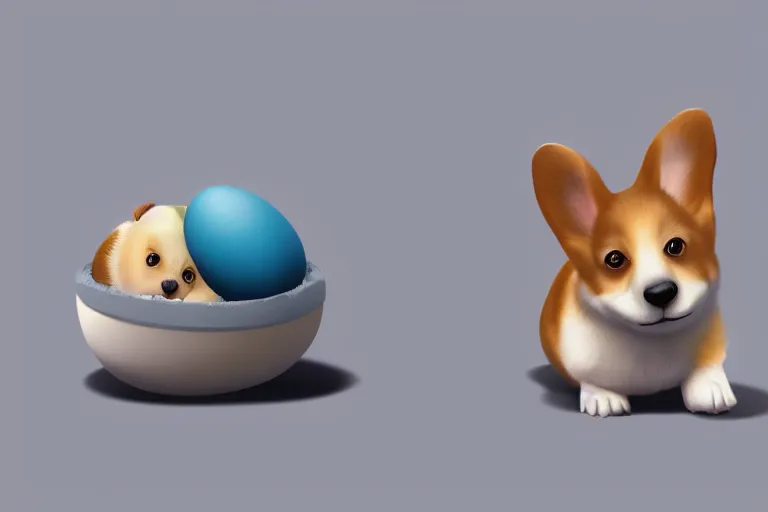 Prompt: a baby corgi crawling out of an egg, photography, concept art, digital art, trending on artstation, 4 k, extremely detailed, realistic, photorealistic,