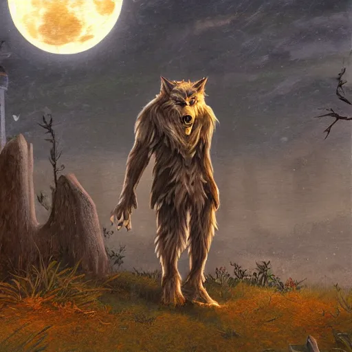 Image similar to sad werewolf man under a full moon, ultra detailed, fantasy, 4k, painting