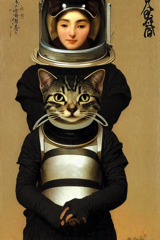 Prompt: portrait of a cat astronaut with japanese armor and helmet, by bouguereau