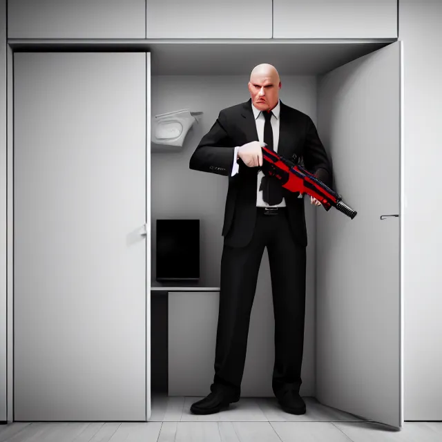 Image similar to agent 4 7 hiding in bedroom cupboard, highly detailed, 8 k, hdr, smooth, sharp focus, high resolution, award - winning photo