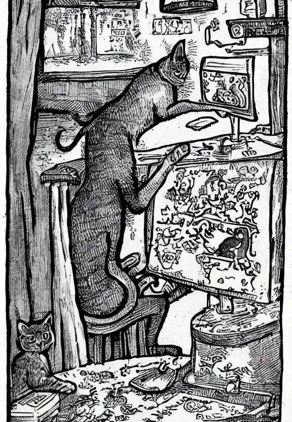 Image similar to [Dark medieval illustration of a cat watching youtube on a computer]