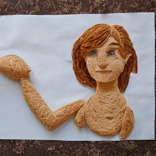 Image similar to a sculpture of emma watson made out of bread as a kids drawing