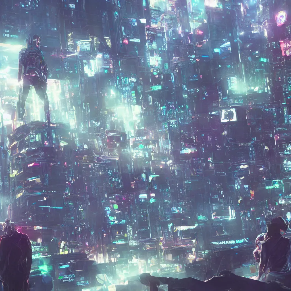 Image similar to a cinematic composition depicting : we're overlooking translucid crystal android being, whos is behind their heads up display viewing out of their window how a high tech lush solarpunk tribe collaborating with their technologic android helpers encroaching a cyberpunk town at sunrise