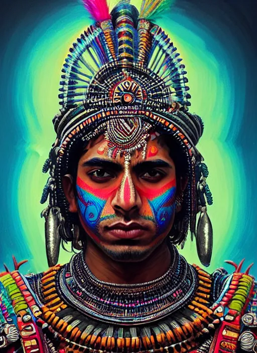 Image similar to portrait of suraj sharma, hyper detailed ultra sharp aztec shaman warrior. trending on artstation, warpaint aesthetic, bloodwave, colorful, psychedelic, ornate, intricate, digital painting, concept art, smooth, sharp focus, illustration, art by artgerm and greg rutkowski and h. r. giger, 8 k