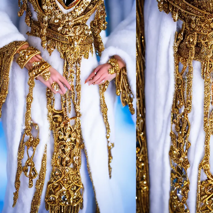 Prompt: full body photograph of of an ice queen with ornate robes, extremely detailed. dslr. 8 5 mm.