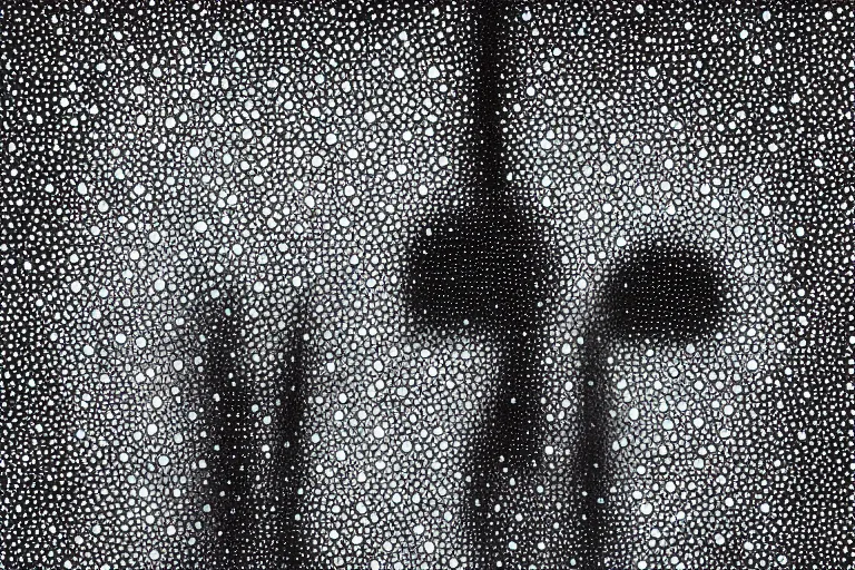 Image similar to anxiety, faceless people dark, dots, drip, stipple, pointillism, technical, abstract, minimal, style of francis bacon, asymmetry, pulled apart, cloak, eerie, made of dots, abstract, balaclava mask, colored dots, sploch