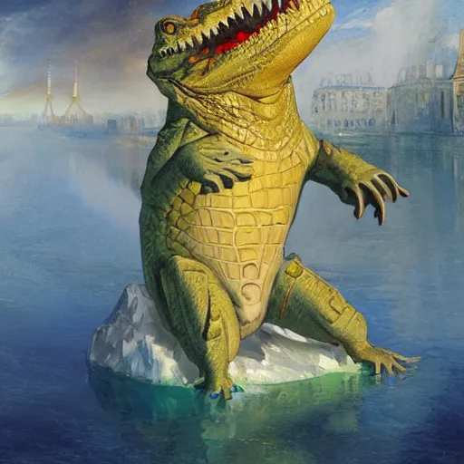 Image similar to summer winter excited paris triangle crocodile beer iceberg muscat, by j. m. w. turner and robert henri and william hogarth, fauvist, zbrush central, tarot card