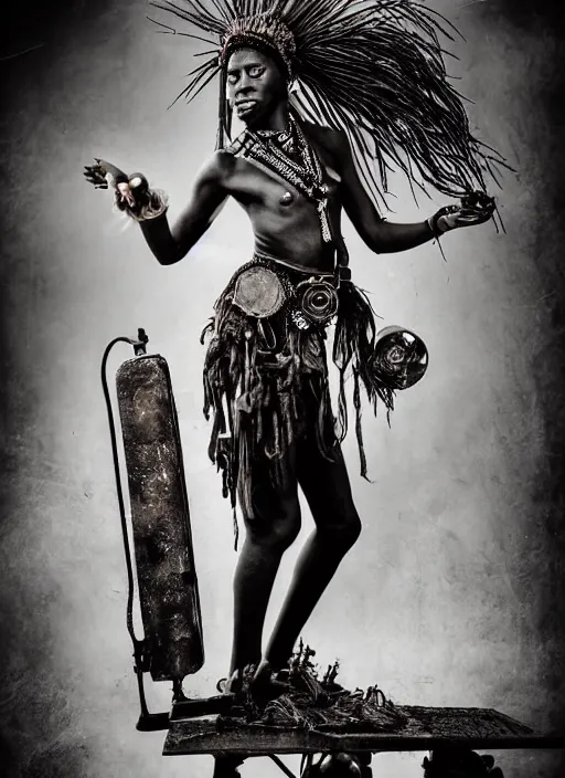 Prompt: old vintage photo of African ancient shaman female on the complex steam punk hooverboard with Jet engine, extreme sports photography , dynamic photography,clean symmetrical face, high speed,dirt and grawel flying in the spot, lens flares, dust in the air, dramatic lighting, intricate, highly detailed, centered, smooth, sharp focus, sports photography, old photo, black and white, sepia, cinematic lighting, cinematic angle, national geographic