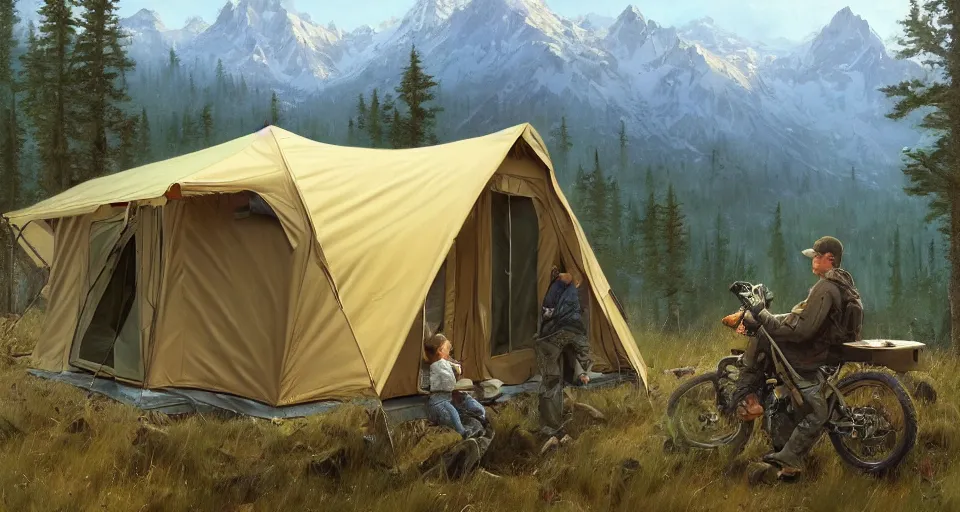 Image similar to cabela's beautiful comfortable carbon framed, military grade, modular insulated wall portable container home kit - house all weather family dwelling tent house, person in foreground, mountainous forested wilderness open fields, beautiful views, painterly concept art, environmental concept art, concept art illustration, by james gurney, by craig mullins, by greg rutkowski trending on artstation