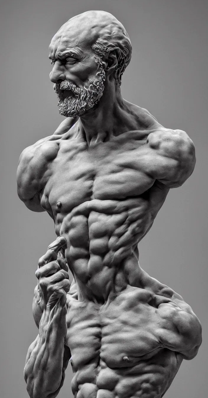 Prompt: michelangelo sculpture, old man contra pose, vivid marble dark veins, studio light, high quality, black sokkel, shell shaded, concept art