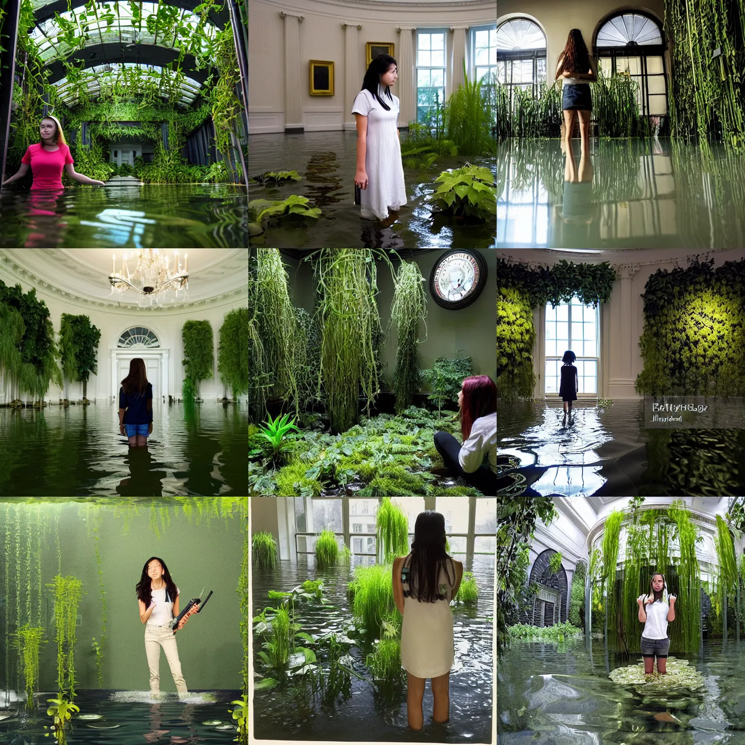 Prompt: an urban explorer girl, alone, in an empty dark flooded oval office in the white house, overgrown with aquatic plants