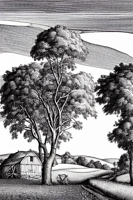 Image similar to realistic barn in pastoral field with trees and hills, art by james o barr and albrecht durer, surreal engraving, black and white, vector, vector art