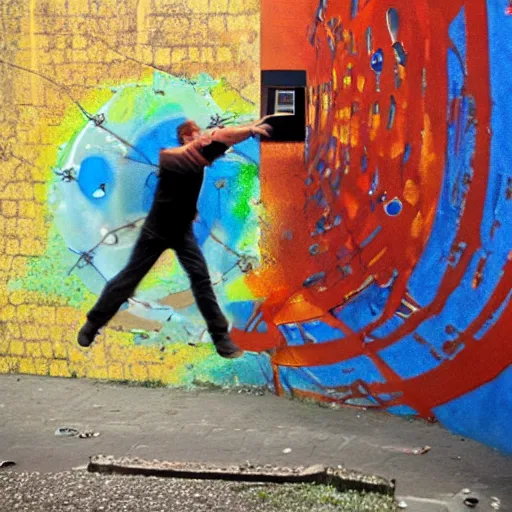 Prompt: A street art. A rip in spacetime. Did this device in his hand open a portal to another dimension or reality?! by Robert Antoine Pinchon, by Helio Oiticica apocalyptic