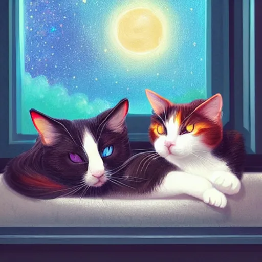 Prompt: two cute multi - colored calico cats with beautiful eyes sleeping inside a cozy home in the evening, stars shining in the night sky through the window,, artstation, cgsociety, storybook art