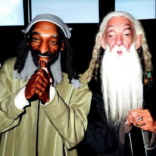 Prompt: gandalf and snoop dogg smoking weed smiling